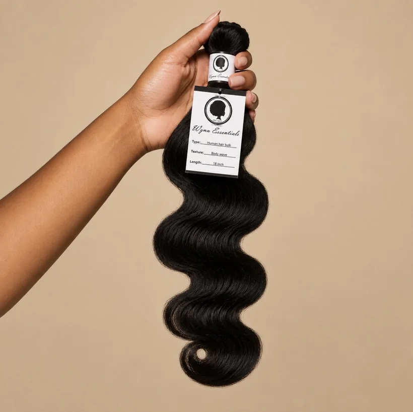 Hand holding an 18-inch Wynn Essentials Body Wave human hair bulk bundle with product tag