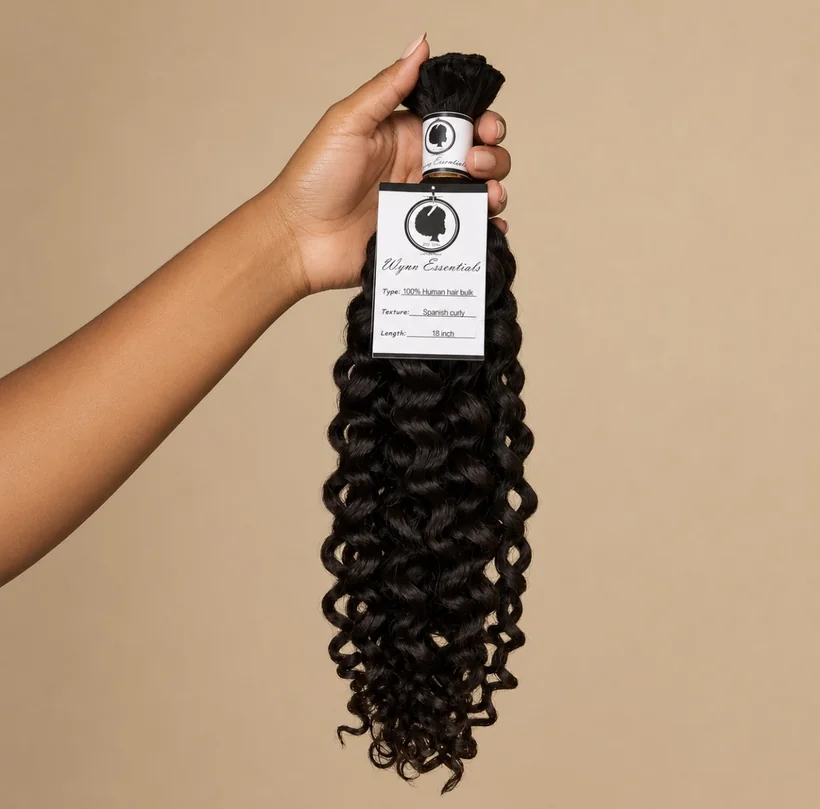 Hand holding an 18-inch Wynn Essentials Spanish Curl human hair bulk bundle with product tag