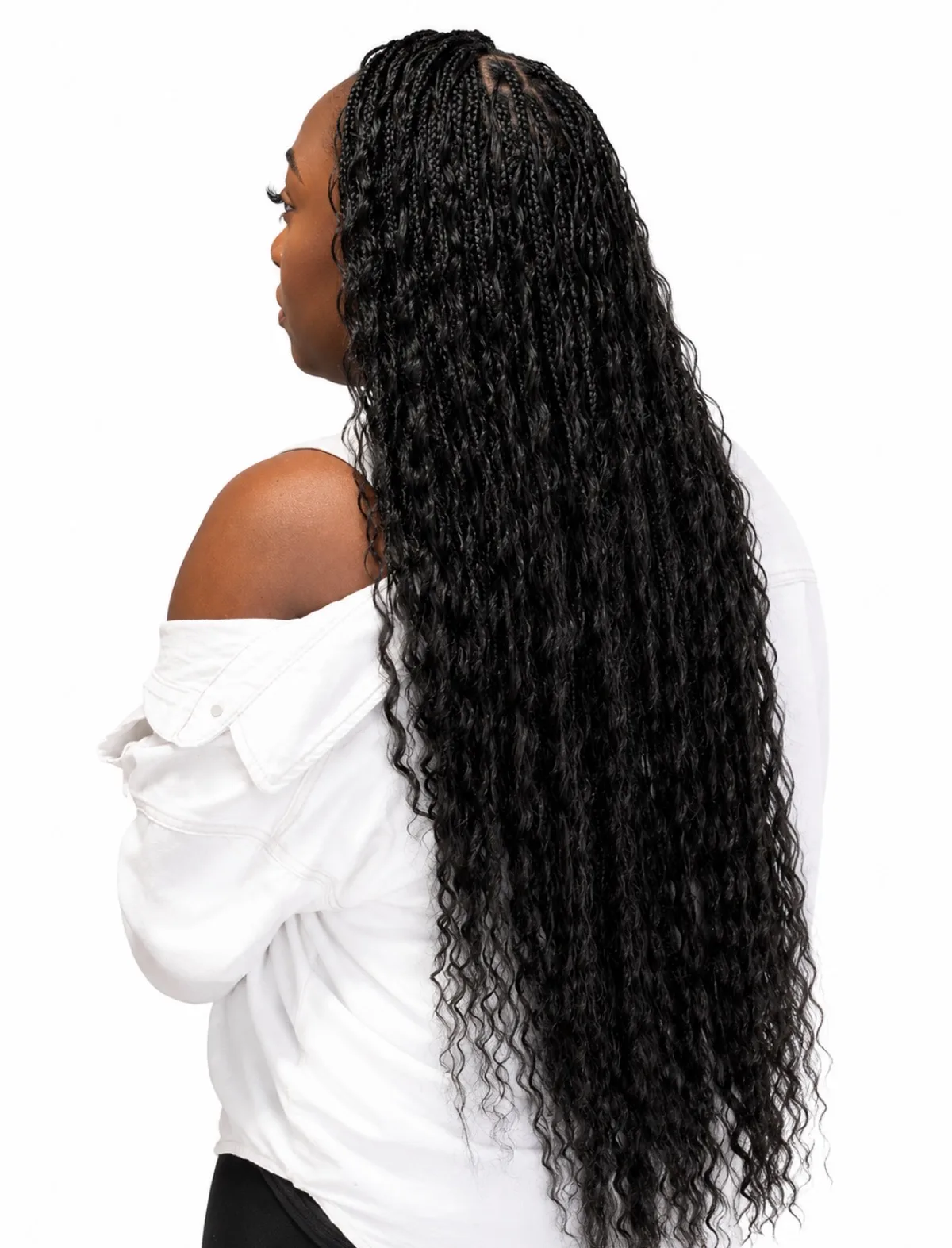 18-inch Deep Wave human hair styled in long boho braids, side view