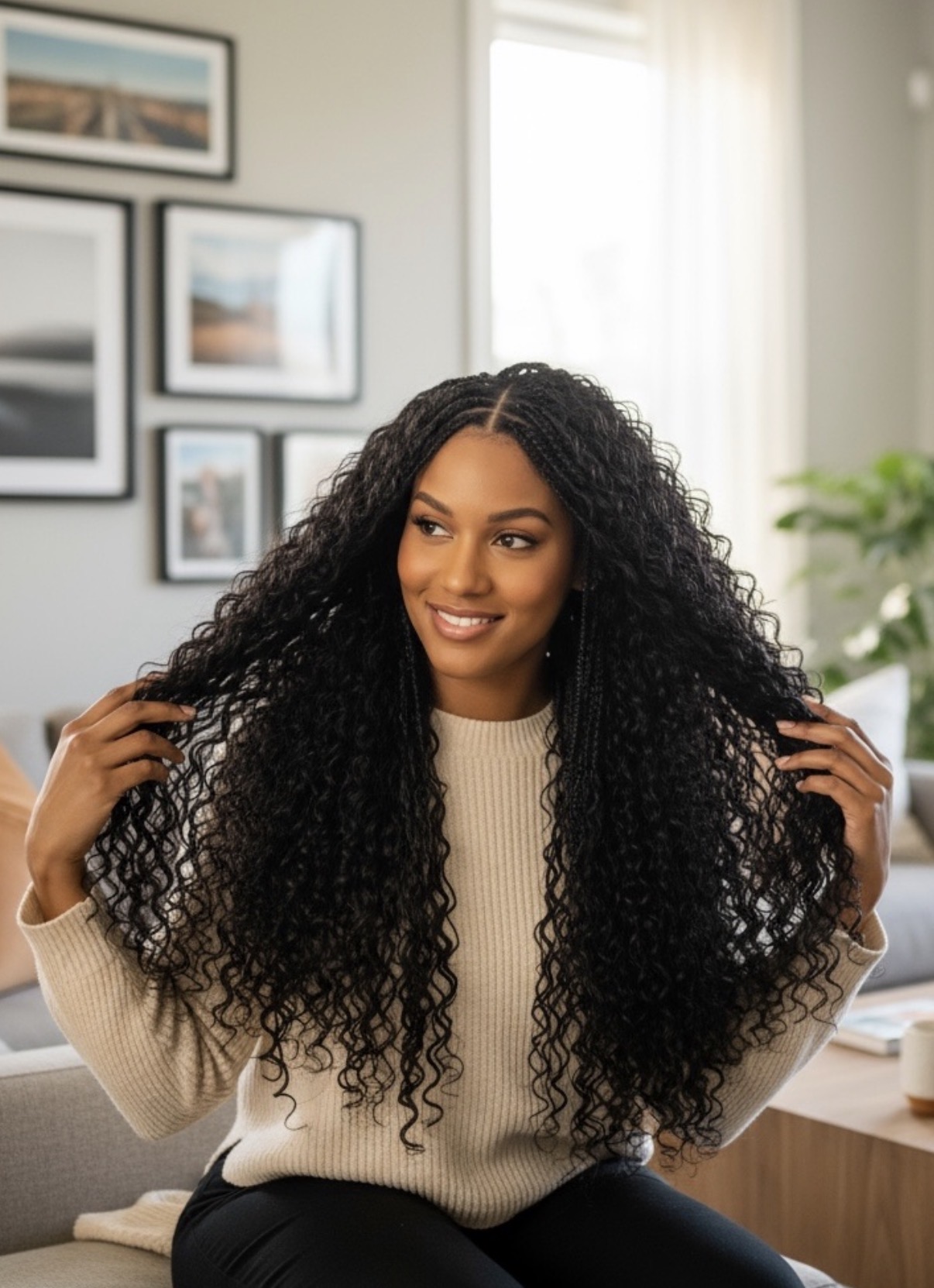Model at home running her hands through voluminous dark boho braids with wavy ends