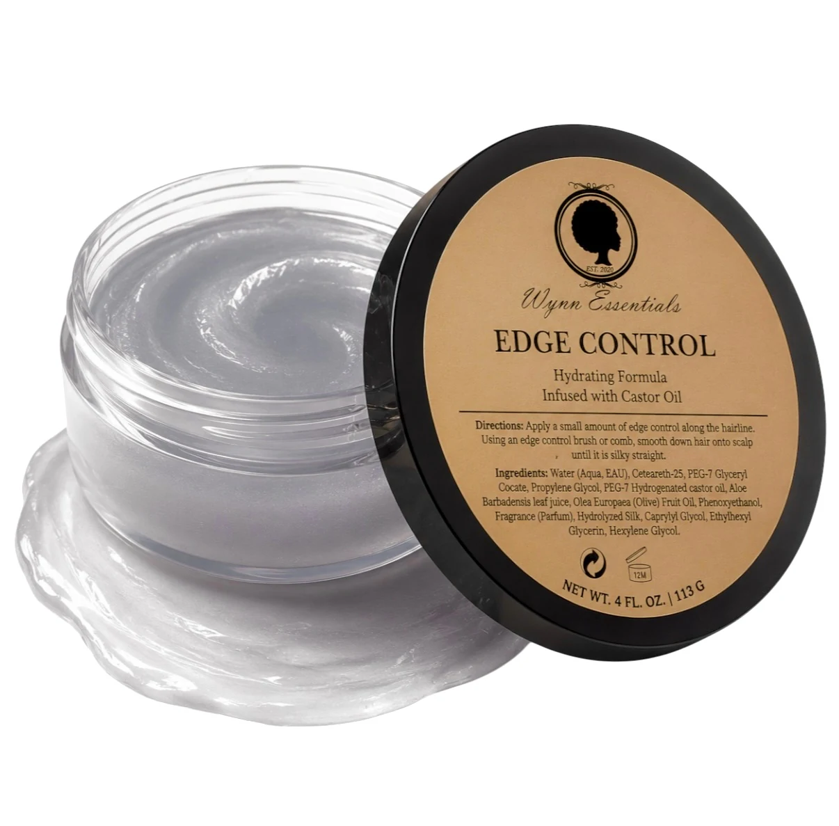 Wynn Essentials Edge Control hydrating formula, open jar and lid beside a smooth swatch of the styling cream
