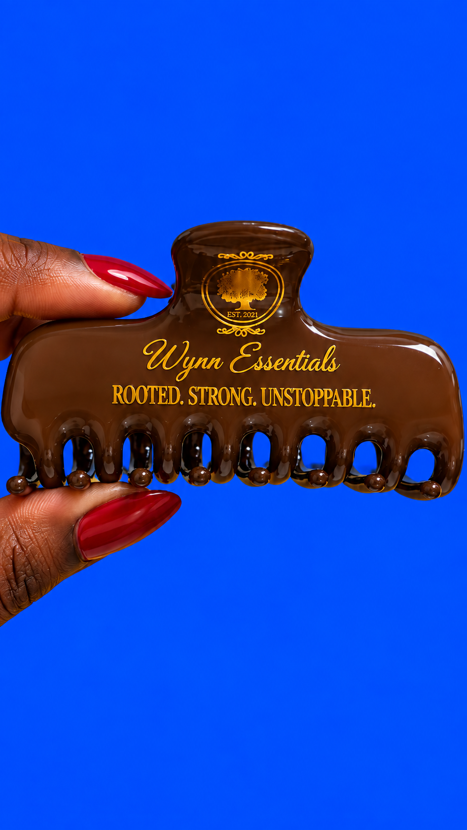 Essential Affirmation Clip in Espresso, stamped Rooted. Strong. Unstoppable.