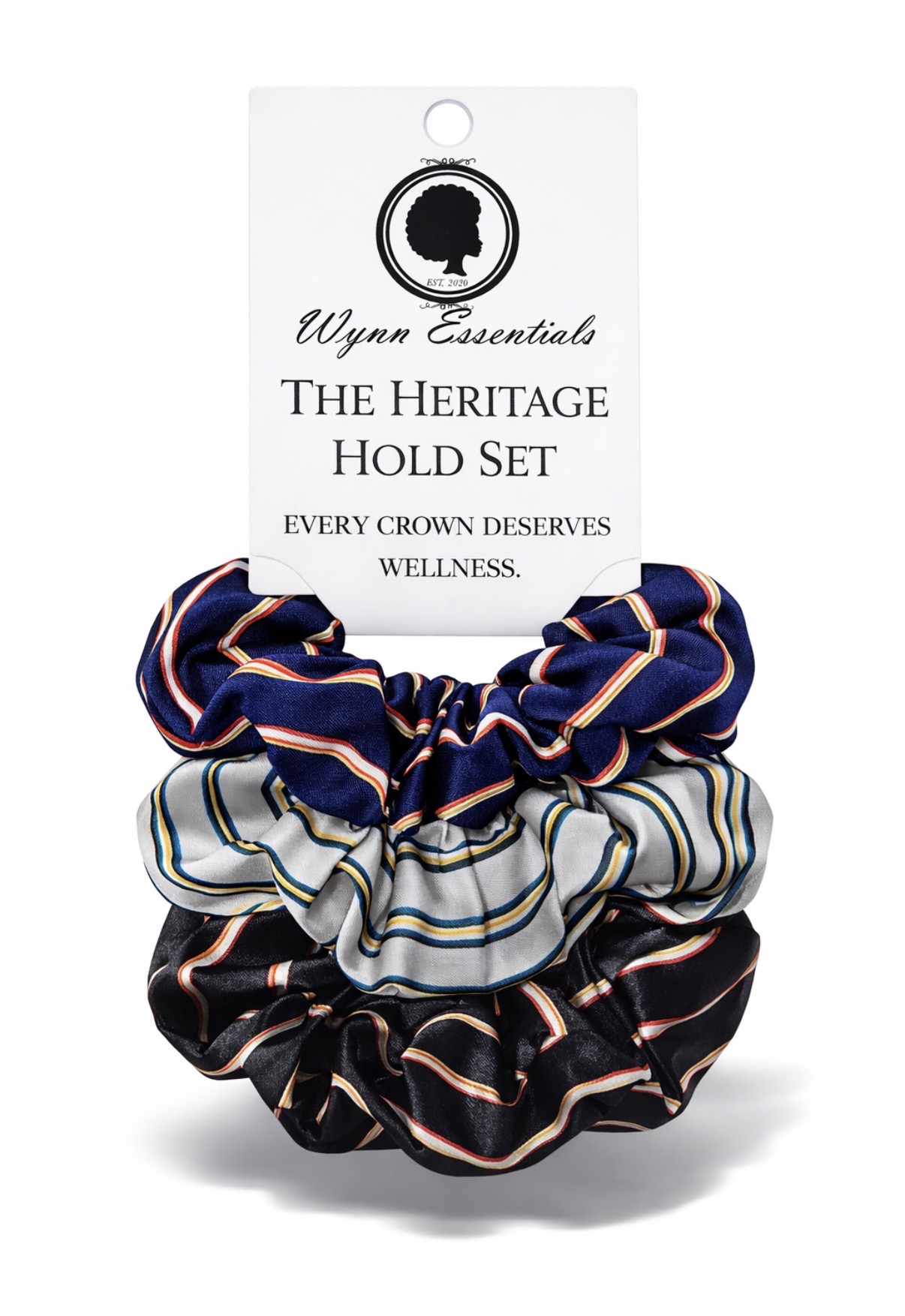 Heritage Hold Uptown Collection — set of 3 satin scrunchies in navy, silver, and black on a retail card