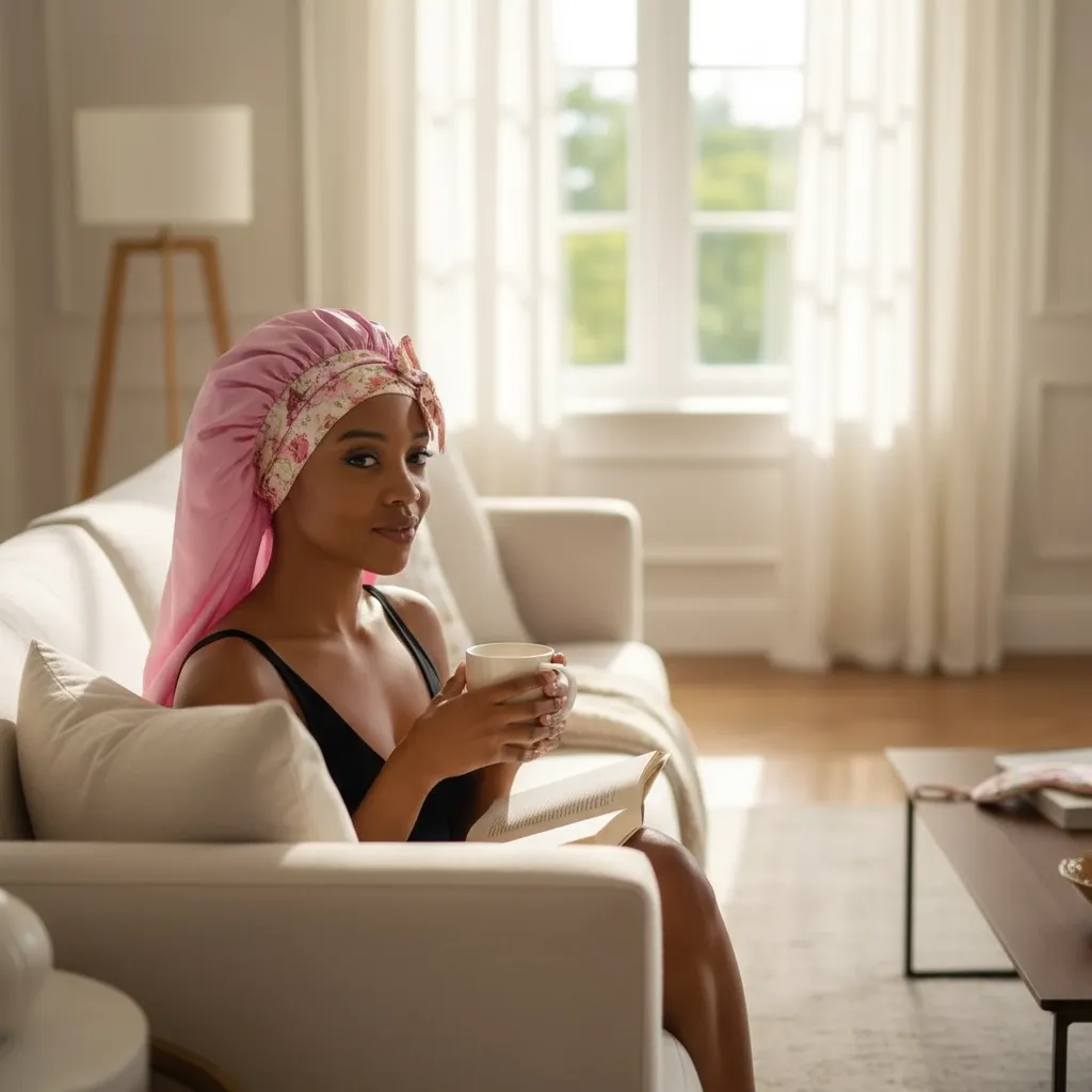 Model relaxing on a sofa wearing a pink Soft Life Bonnet with a floral band