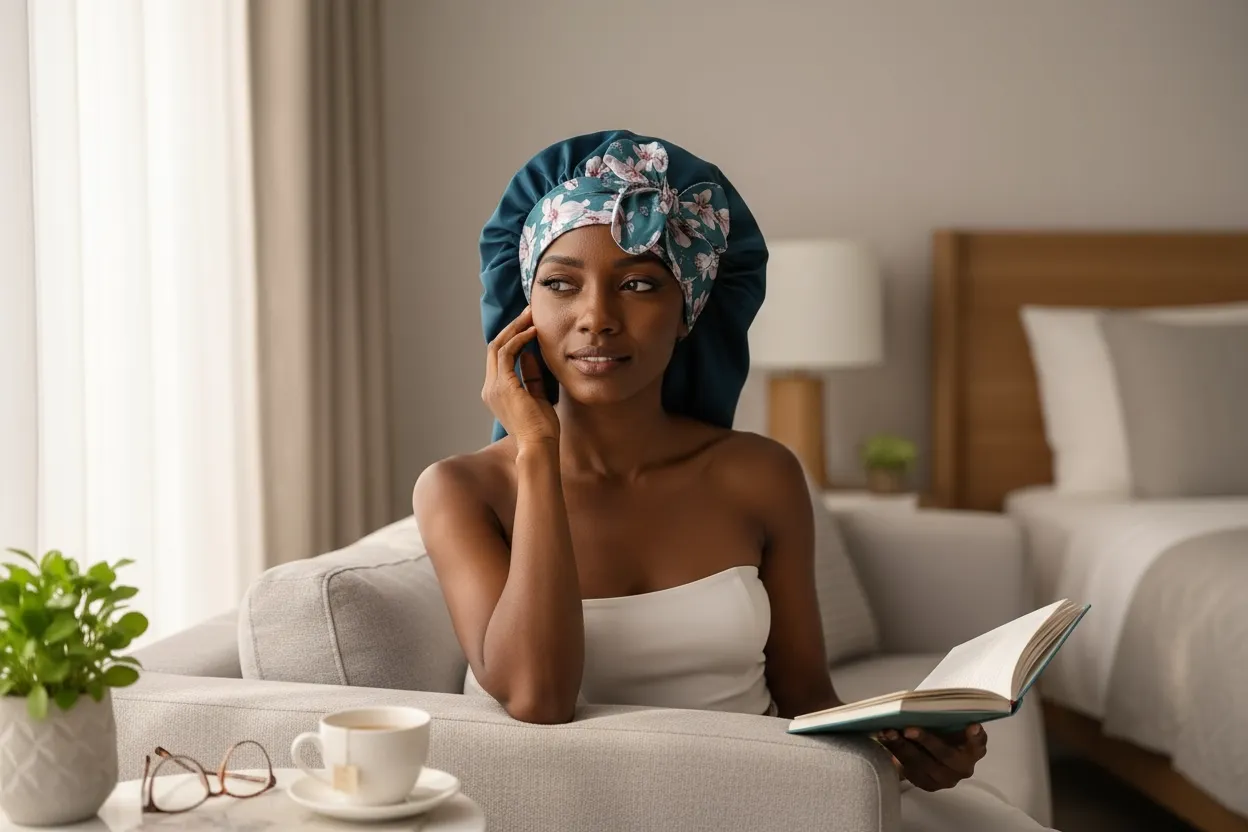 Model wearing a teal Soft Life Bonnet with a floral-print bow band
