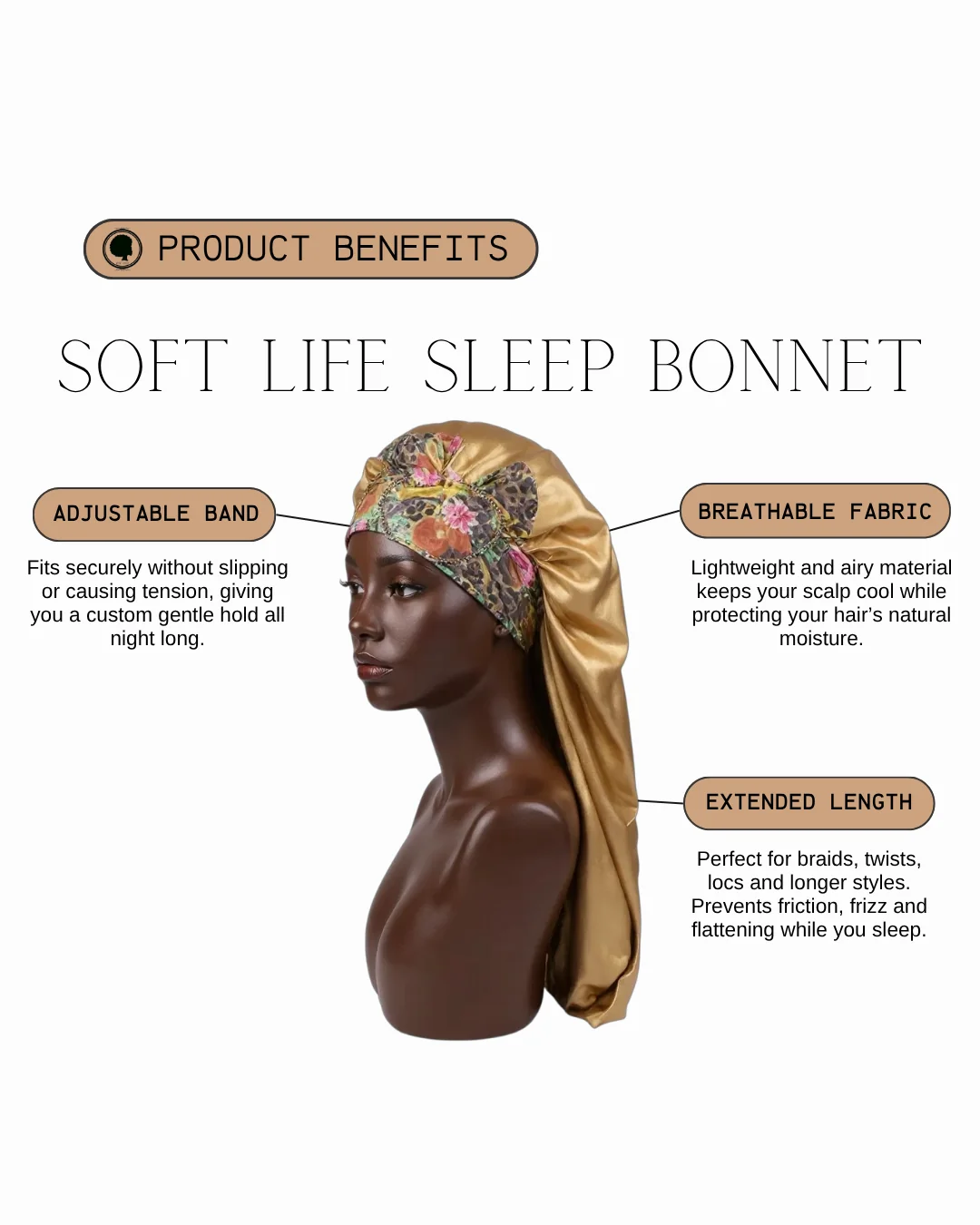 Soft Life Bonnet satin material and stretch band detail