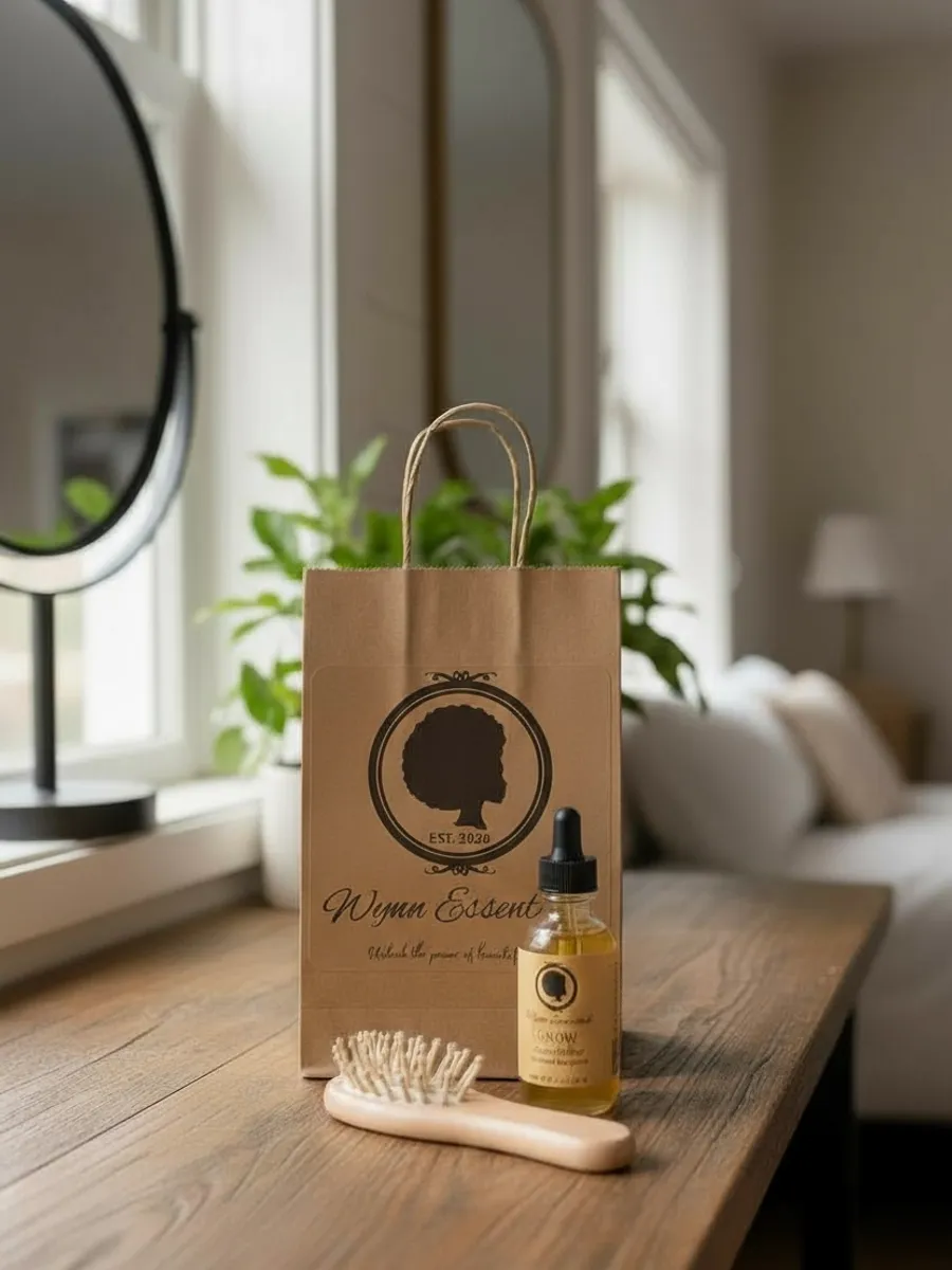 Wynn Essentials kraft shopping bag with Grow oil and a wooden brush on a table
