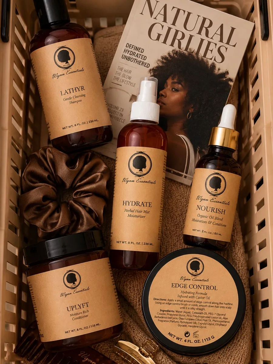 Wynn Essentials full collection in a basket beside a Natural Girlies magazine