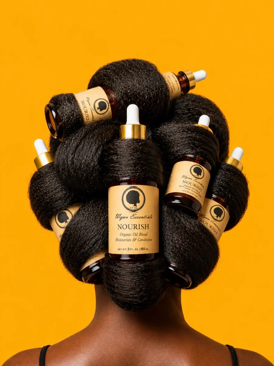 Nourish oil bottles nestled in styled natural hair