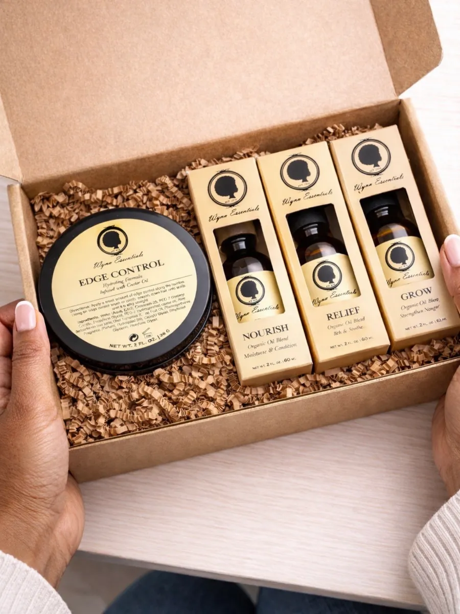 Wynn Essentials gift box with Edge Control, Nourish, Relief, and Grow