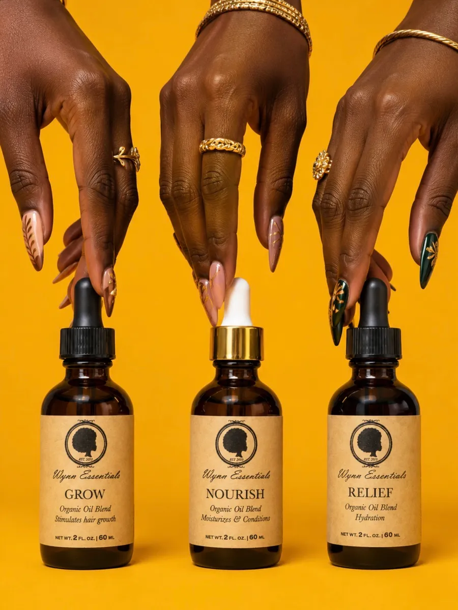 Three hands reaching for Wynn Essentials Grow, Nourish, and Relief oils