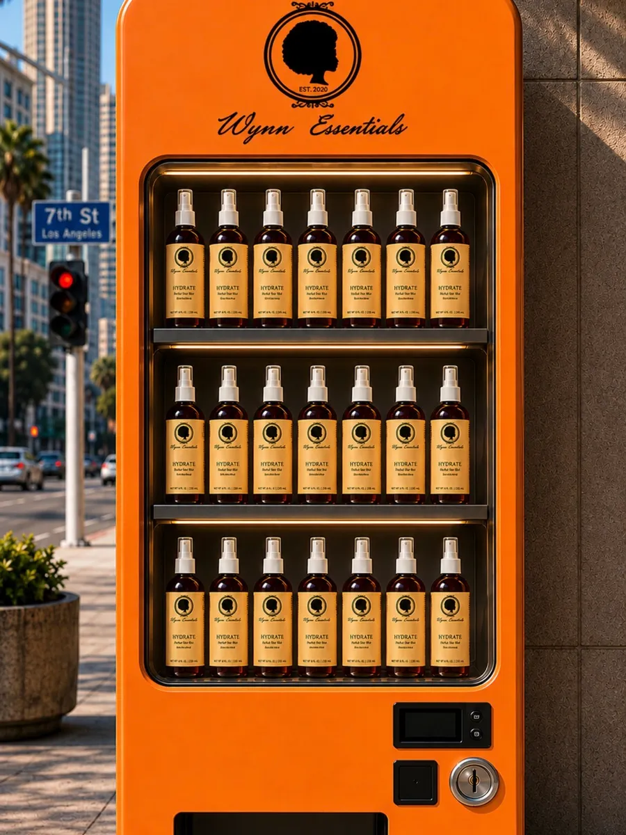 Wynn Essentials branded vending machine stocked with Hydrate on a Los Angeles street