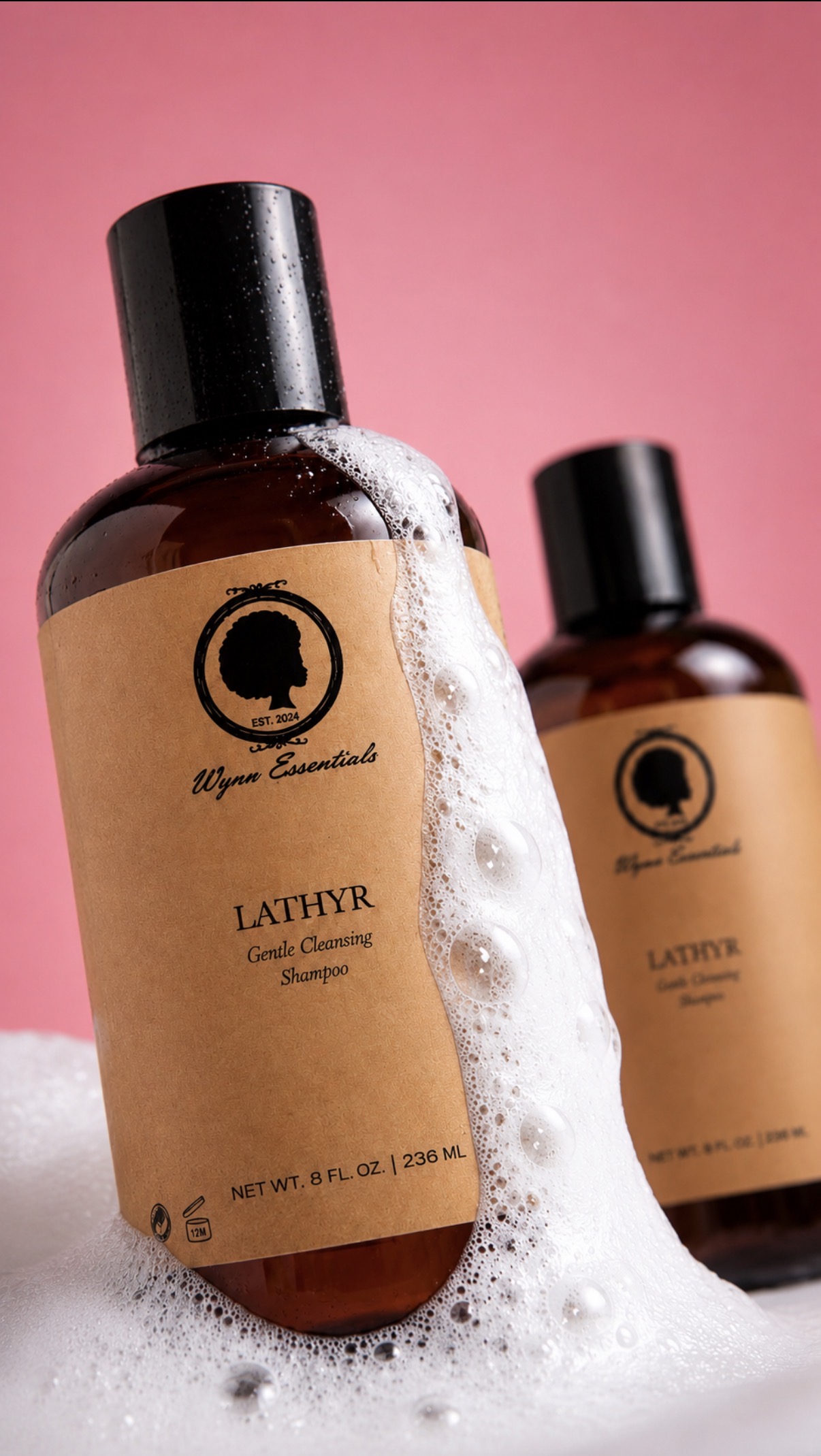 Lathyr cleansing shampoo surrounded by rich foam