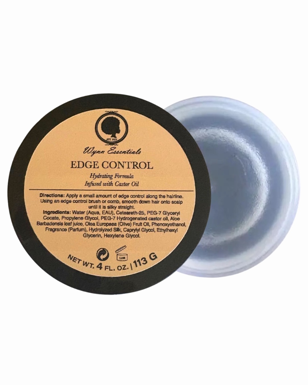 Open Wynn Essentials Edge Control jar with labeled lid