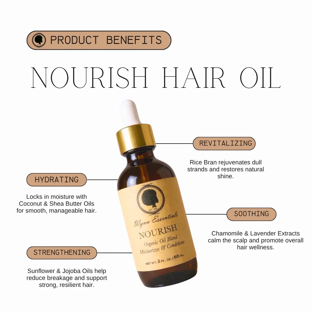 Nourish Hair Oil benefits: hydrating with coconut and shea butter oils, revitalizing with rice bran, soothing with chamomile and lavender extracts, and strengthening with sunflower and jojoba oils