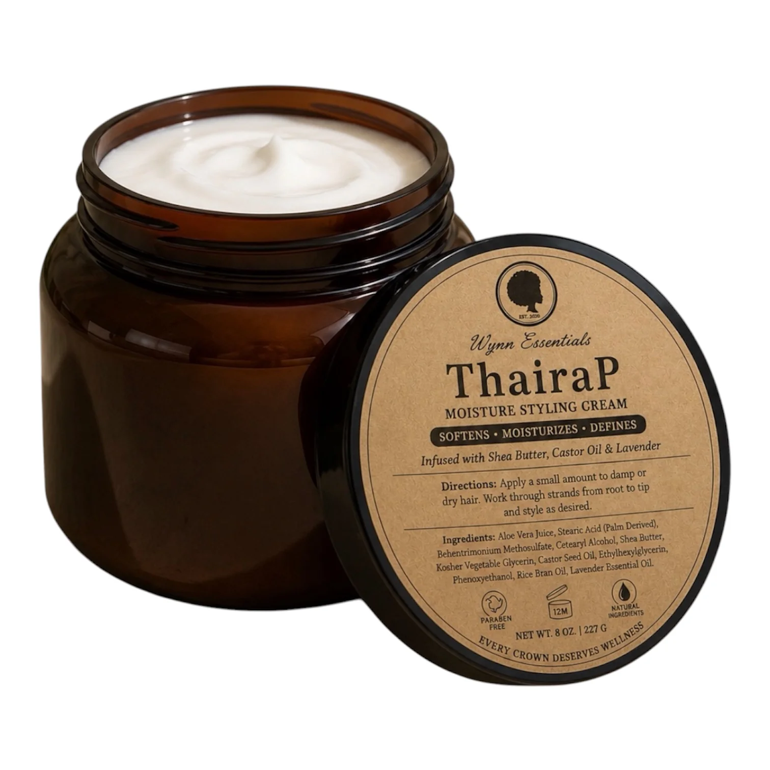 Open ThairaP Moisture Styling Cream jar with labeled lid