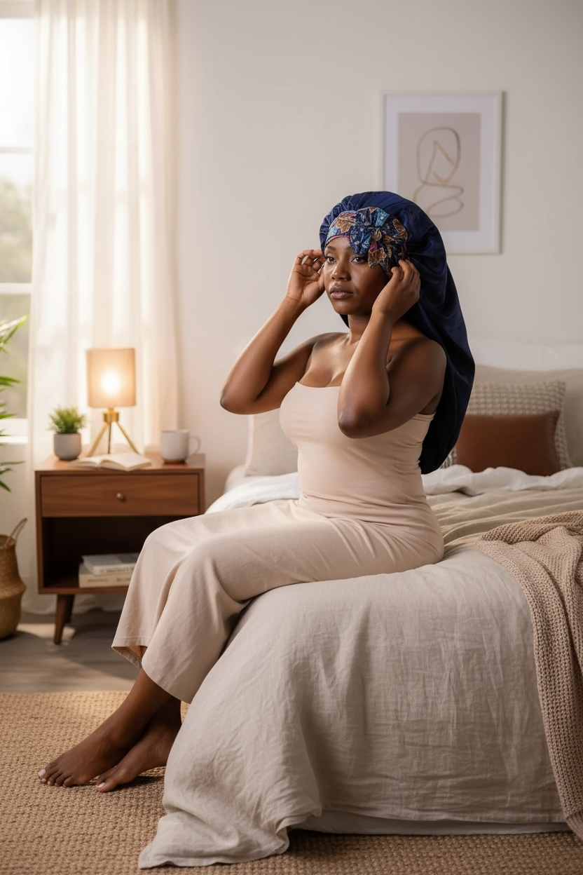 Woman adjusting a Soft Life Bonnet in her bedroom
