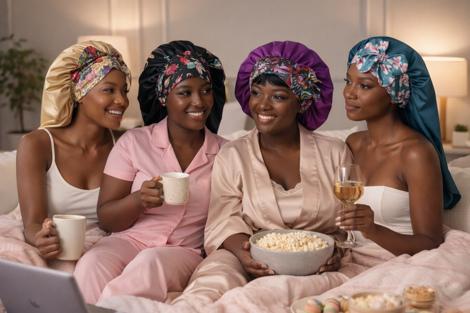 Four women wearing Soft Life Bonnets in different colors